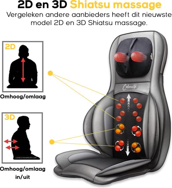 CALMENTA® Chaise de massage shiatsu - Sac de rangement - Appareil de massage pour le dos et le cou - Coussin de massage - Massage par compression - Fonction de chaleur électrique - Vibration - Douleurs du dos et du cou - Tapis de massage