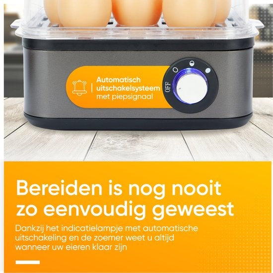 KitchenApp Chaudron à oeufs électrique - Convient pour 8 oeufs - Avec minuterie - Inclut un gobelet gradué - Gris argenté