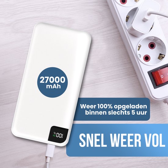 Strex Powerbank White - 27 000 mAh - Chargeur rapide 22,5 W - USB-A/USB-C - Indication LED - Powerbank universel adapté à iOS/Android, entre autres