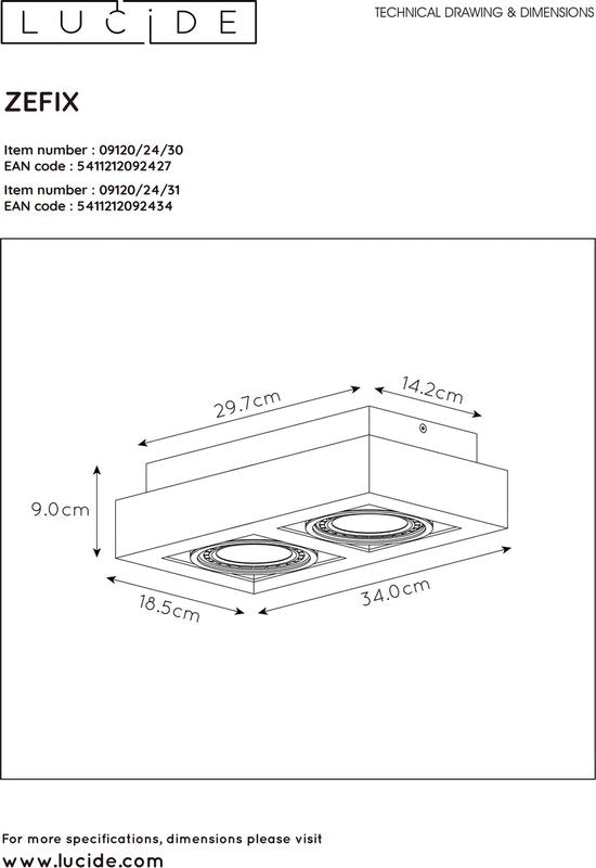 Lucide ZEFIX - Spot de plafond (lampe de plafond) - LED « Dim to warm » - GU10 (ES111) - 2x12 W 2200 K/3000 K - Noir