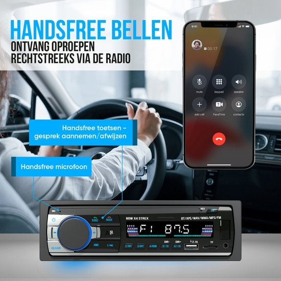 Autoradio Bluetooth - Strex - Compatible tous véhicules - USB - AUX - Mains libres - Noir