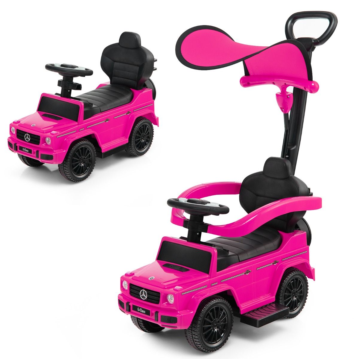 Voiture à pédales Coast Mercedes Benz pour enfants - poussette et déambulateur 3-en-1 - pare-soleil réglable - rose