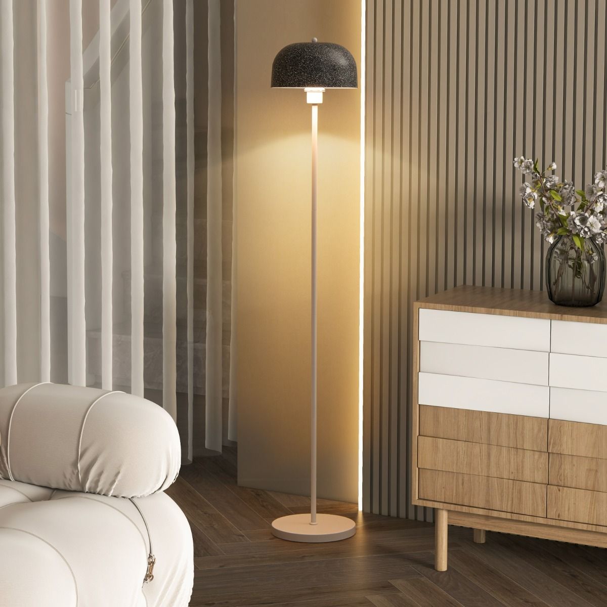 Coast Floor Lamp 146 cm Grey-White avec abat-jour et interrupteur à pied - Lampadaire moderne avec base lestée et ampoule E27