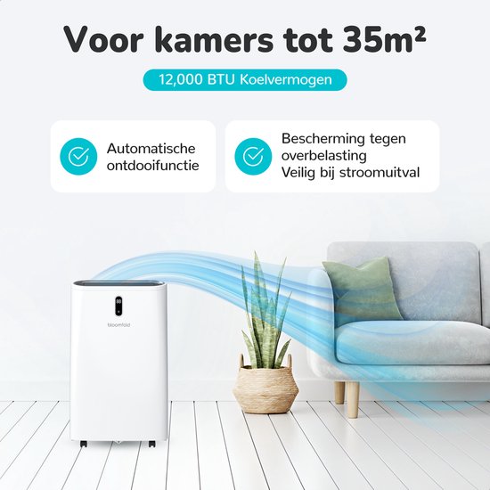 Climatiseur mobile Bloomfold - 12 000 BTU - 4 en 1 - Climatisation avec kits d'étanchéité pour fenêtres - Chambre à coucher - Salon - rafraîchir jusqu'à 35m².