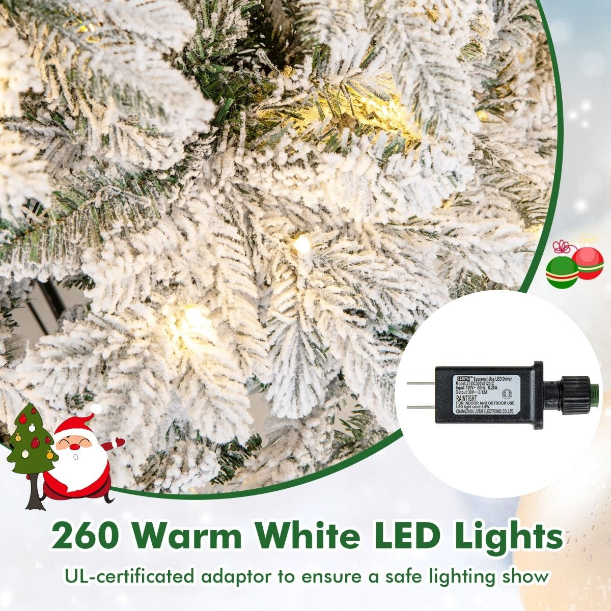 Arbre de Noël artificiel de 180 cm Arbre de Noël floqué avec 1415 branches 260 lumières LED blanc chaud Arbre de Noël illuminé blanc + vert