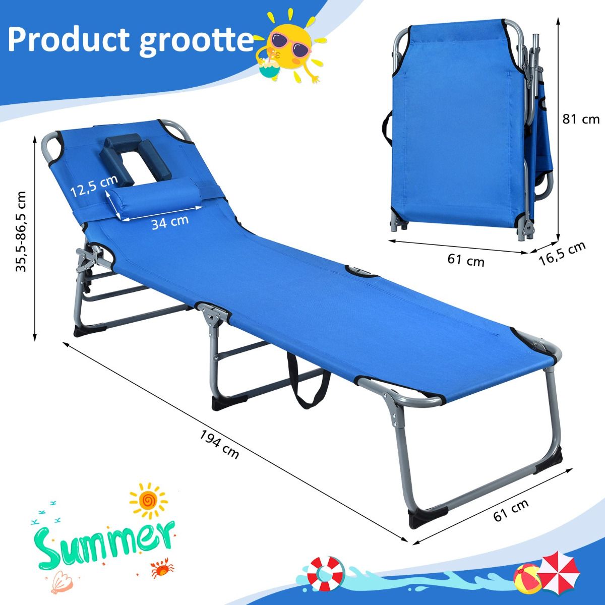 Chaise longue pliante réglable Coast 5 positions - 194x60x36-86 cm - Bleu - Tissu Oxford - Capacité de charge de 150 kg