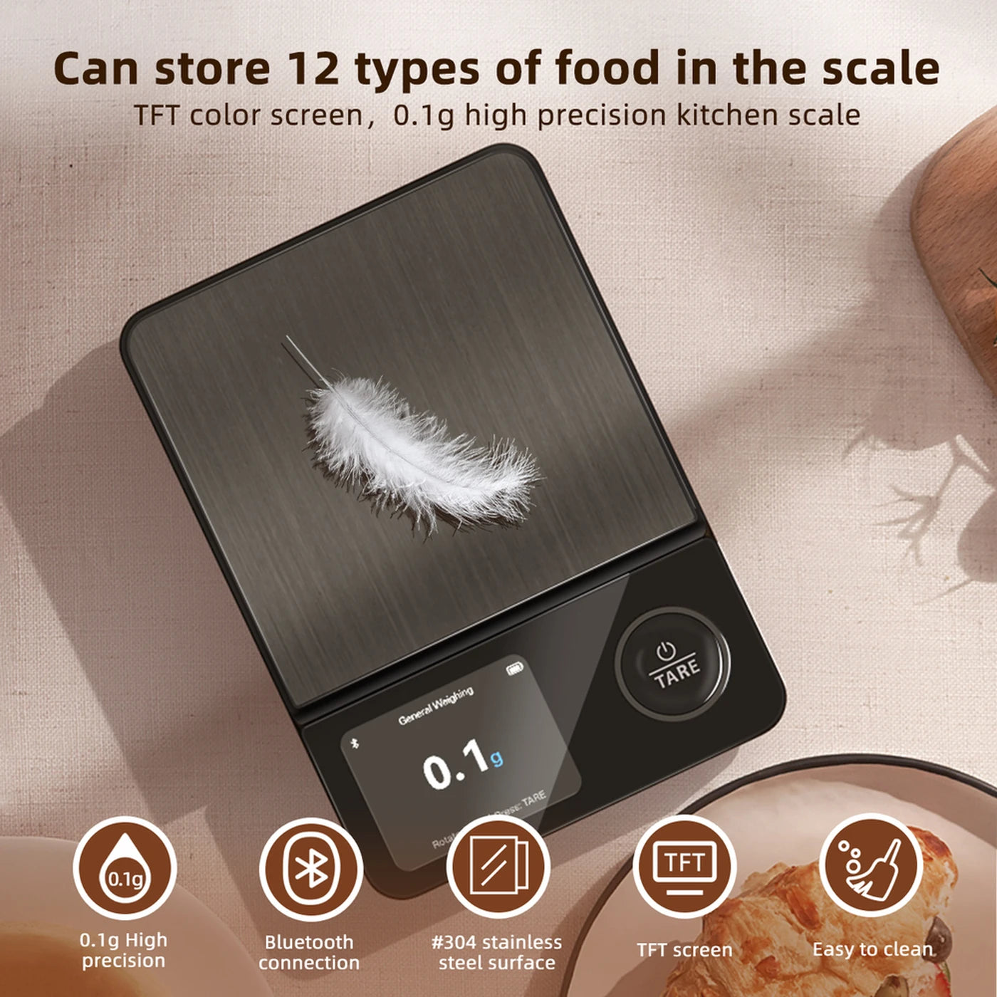 Balance alimentaire intelligente Unique 5 kg - Précision à 0,1 g près - Écran TFT de 2,8 pouces - Rechargeable