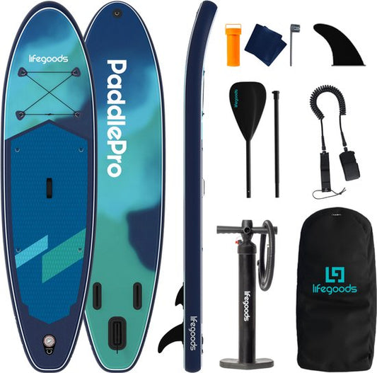 Planche de SUP LifeGoods Allround Compact - Capacité de charge de 100 kg - 300 x 76 cm - Gonflable - Kit SUP complet - Bleu/Vert