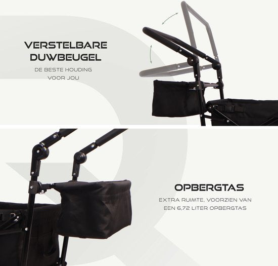 BRASQ Bolderkar WC200 de luxe pliable - Capacité 108L - Avec barre de poussée - Léger - Capacité de charge jusqu'à 100 kg - 2 sacs de rangement inclus - Noir