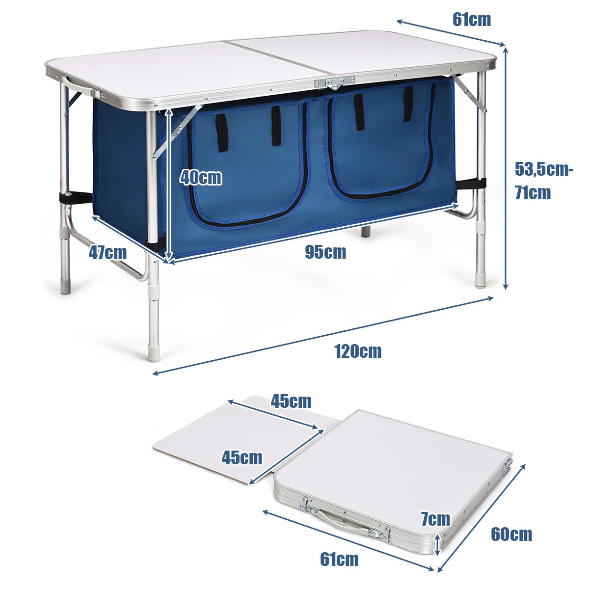 Table de camping Coast avec espace de rangement - hauteur réglable - pliable - bleu foncé 120 x 60 cm
