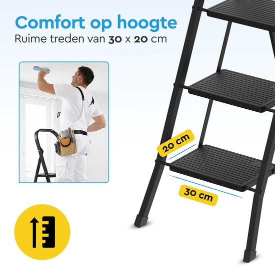 BRASQ Échelle ménagère 4 marches noire - Échelle de cuisine en métal pliable pour usage privé et professionnel - Échelle - Antidérapante