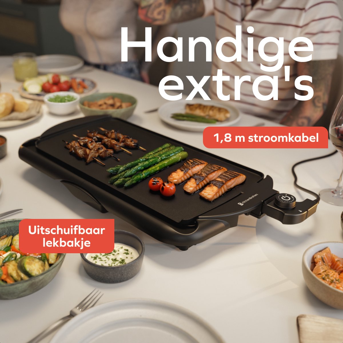 KitchenBrothers Plaque de gril électrique XL - 2000W - Gril Teppanyaki - Grillades en toute sécurité - Noir