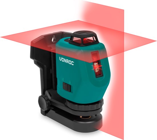 VONROC Cross line laser - 360° - rouge - batterie 4V - 2600mah - autonivelant - portée ±20 mètres - Support de montage, câble USB-C et sac de rangement inclus.