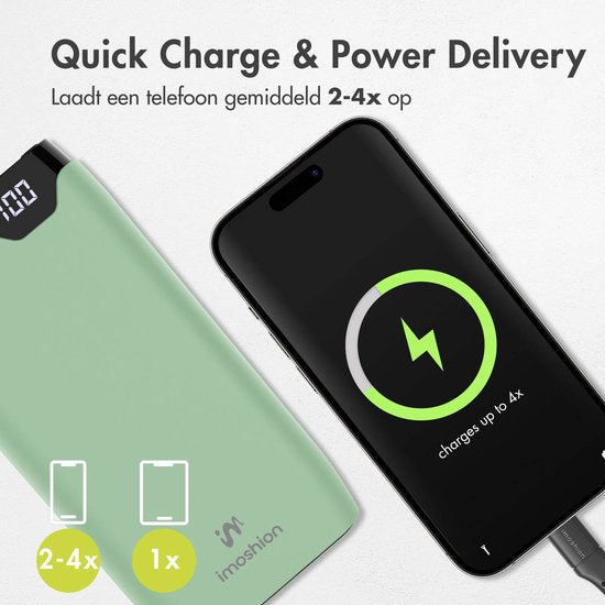 Batterie externe - imoshion - 20000 mAh - Chargeur rapide 22,5W - USB C & USB A - Convient pour iPhone et Samsung - Vert clair