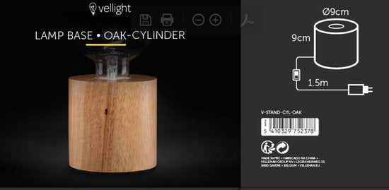 Culot de lampe, cylindre, câble avec interrupteur, E27, 60 W, IP20, chêne, 90 mm x 90 mm