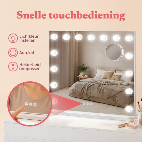 Fraay® Hollywood Mirror with Lighting 60x50cm - 3 Light modes - Luxury Make Up Mirror with 10x Magnification Mirror - LED Lighting Dimmable - Incl. 2 Beauty Blenders and Powder puff