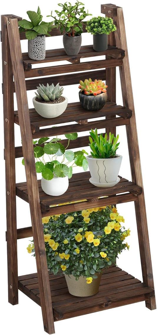 Yaheetech Étagère à plantes pliable à 4 niveaux - Marron - Étagère à fleurs en bois pour l'intérieur et l'extérieur