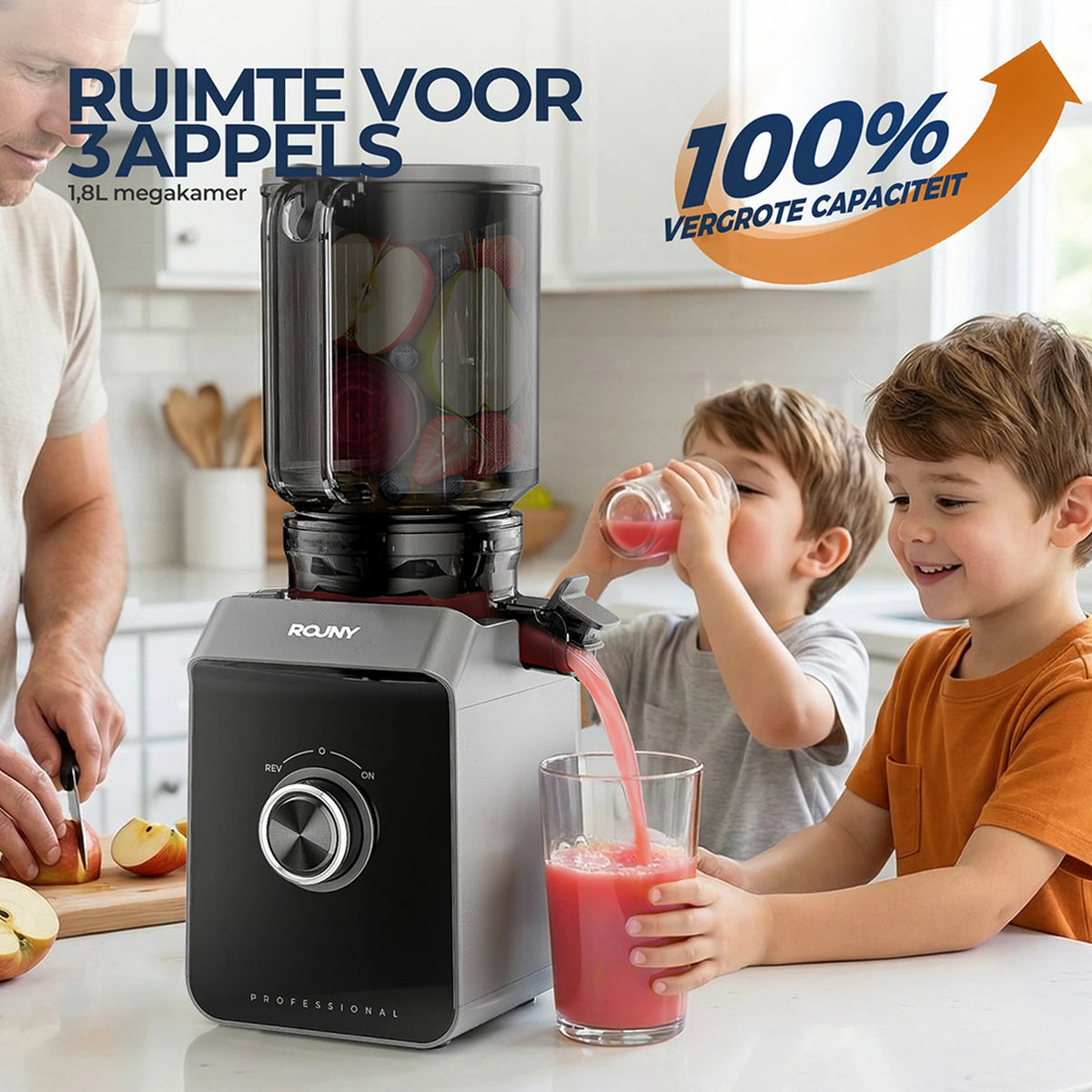Rouny Slow Juicer FF Pro Max - Centrifugeuse à pression à froid de 150 W - Orifice de remplissage de 130 mm - Sans filtre - Fonction « Fruitijs » - 1,8 L - Noir