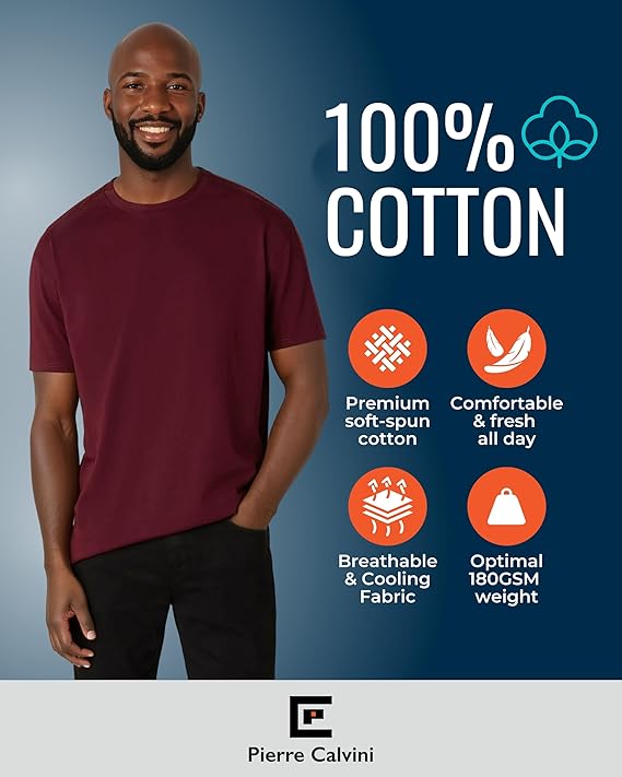 Pierre Calvini - T-shirt Homme Multipack 3/5 pièces - 100% Coton - Coupe régulière - Manches courtes - Col ras du cou - Poids Premium - Marine / Bourgogne / Olive - Taille L