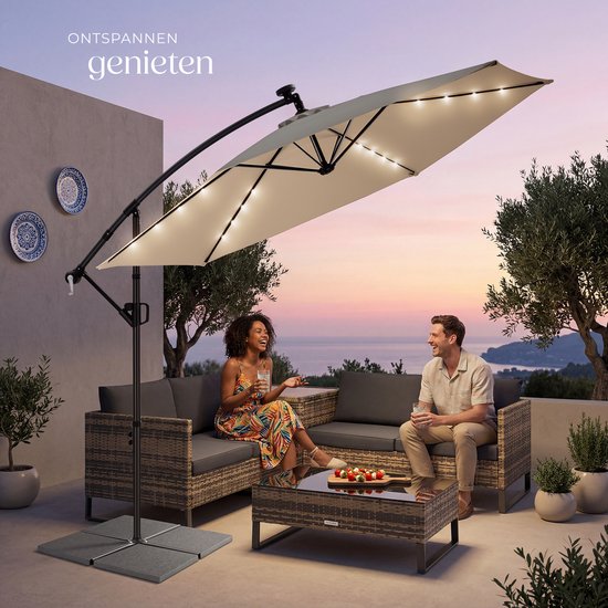 tectake® Parasol suspendu avec pied - 3 x 3 m - Parasol de jardin avec éclairage LED à énergie solaire - Orientable - Polyester hydrofuge avec protection UV - Housse incluse - Beige