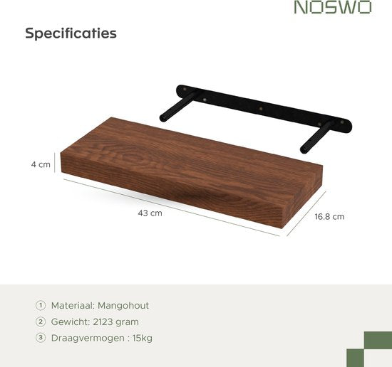 Étagère murale flottante - Noswo - Lot de 2 - 15 kg max - Bois de manguier massif - 43x16.8 x4 cm - étagère à livres / étagère à photos - Matériel de fixation inclus