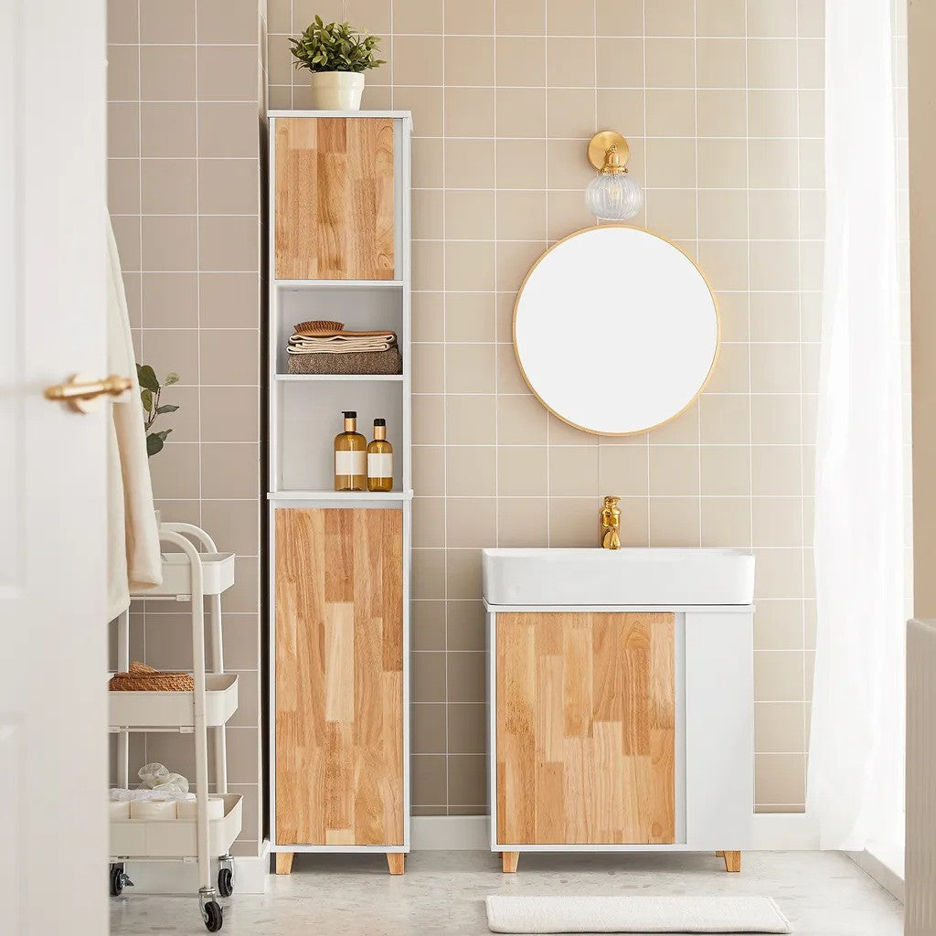 SoBuy - meuble de salle de bain avec sac à linge escamotable - blanc - 31x170x32cm