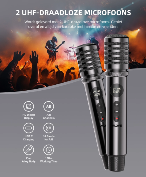 Machine à karaoké MLOVE D5 - 200 W - 2 microphones sans fil - Bluetooth - Noir