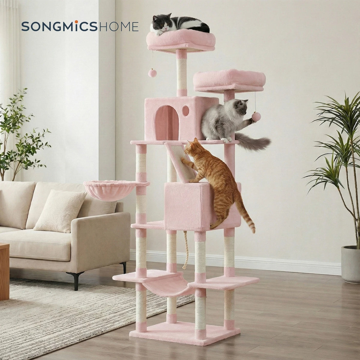 Joyfurnos Arbre à chat 206 cm - Tour pour chat XXL avec 13 poteaux à griffer, 2 maisonnettes et un hamac - Rose