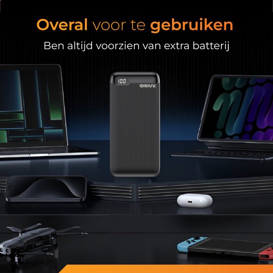 Drivv. Powerbank 20 000 mAh - Câble de charge 100w inclus - Chargeur rapide 22,5W - Quick Charge USB 3.0 - USB C - Convient à Samsung / iPhone / autres - LED - Noir, entre autres