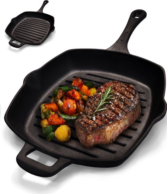 Poêle à griller en fonte Chefarone – 25,5 cm – Compatible induction, gaz, four et barbecue – Poêle à griller carrée à rainures – Sillons de cuisson parfaits et répartition optimale de la chaleur – Poêle avec poignée