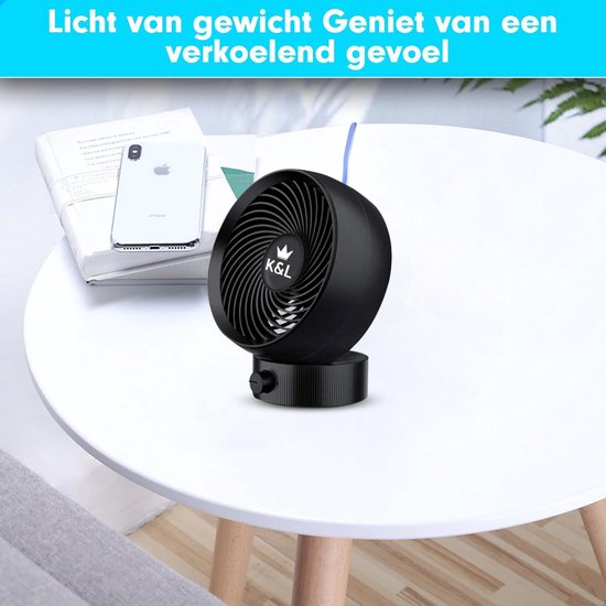 K&L Silent Fan - Modèle de table - Alimenté par USB - Inclinable - Noir