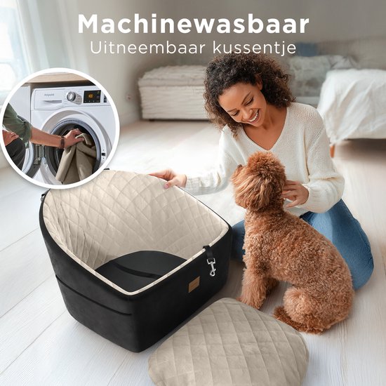 Siège auto pour chien CozySense® - Panier auto pour petit chien - Siège avant et arrière - Avec sangle de sécurité, compartiment de rangement et housse lavable - Noir/Beige