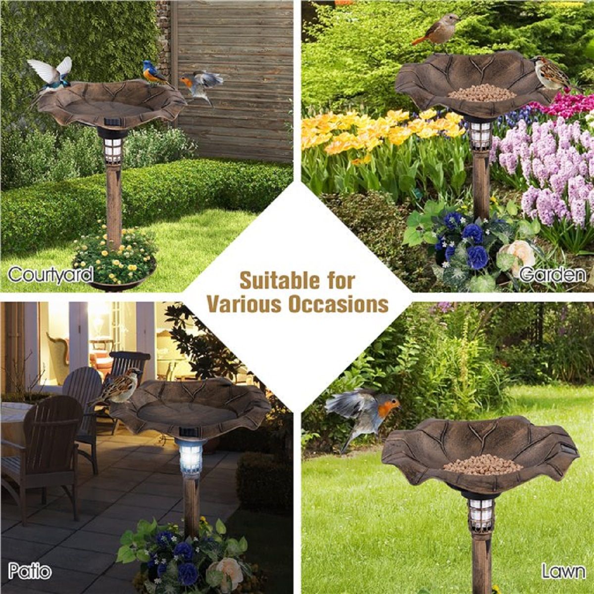 Bain d'oiseaux Coast avec éclairage solaire - Mangeoire à oiseaux et jardinière - Décoration de jardin rétro 43 x 76 cm, couleur bronze