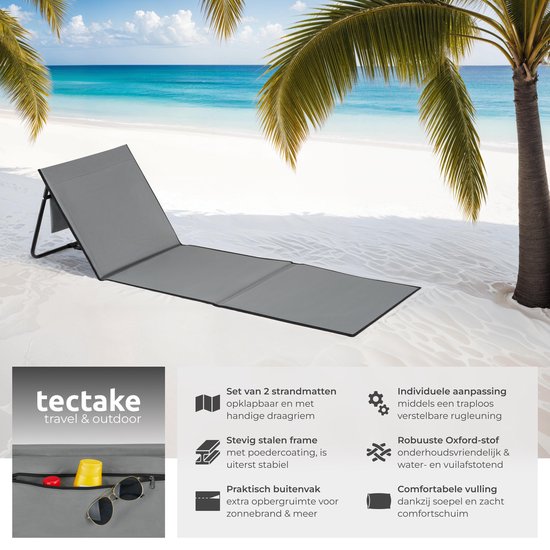 tectake® Beach Mat - Lot de 2 tapis de plage pliables avec dossier réglable, sangle de transport et compartiment de rangement - Idéal pour la plage, le camping ou le jardin - Léger et facile d'entretien - Gris