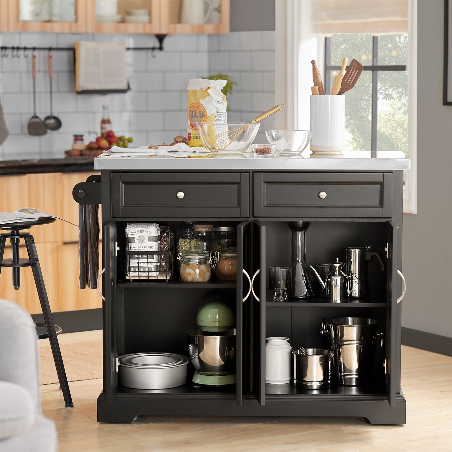 SoBuy - Ilot de cuisine avec plan de travail extensible - 115x92x46-71 cm - Noir