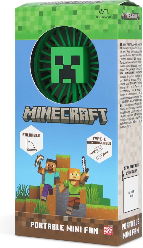 Minecraft - ventilateur - pliable - deux vitesses - rechargeable via USB-C - 4 heures d'autonomie - silencieux