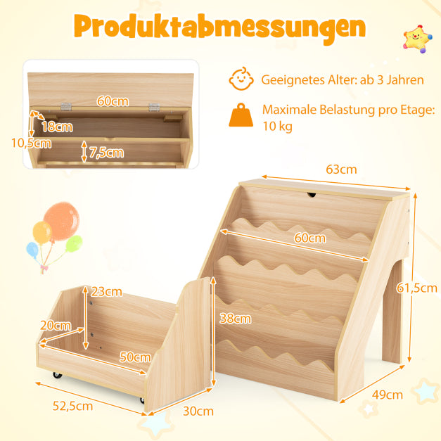 Bibliothèque pour enfants Coast avec bac de rangement sur roulettes – 63 x 49 x 61,5 cm – Naturel