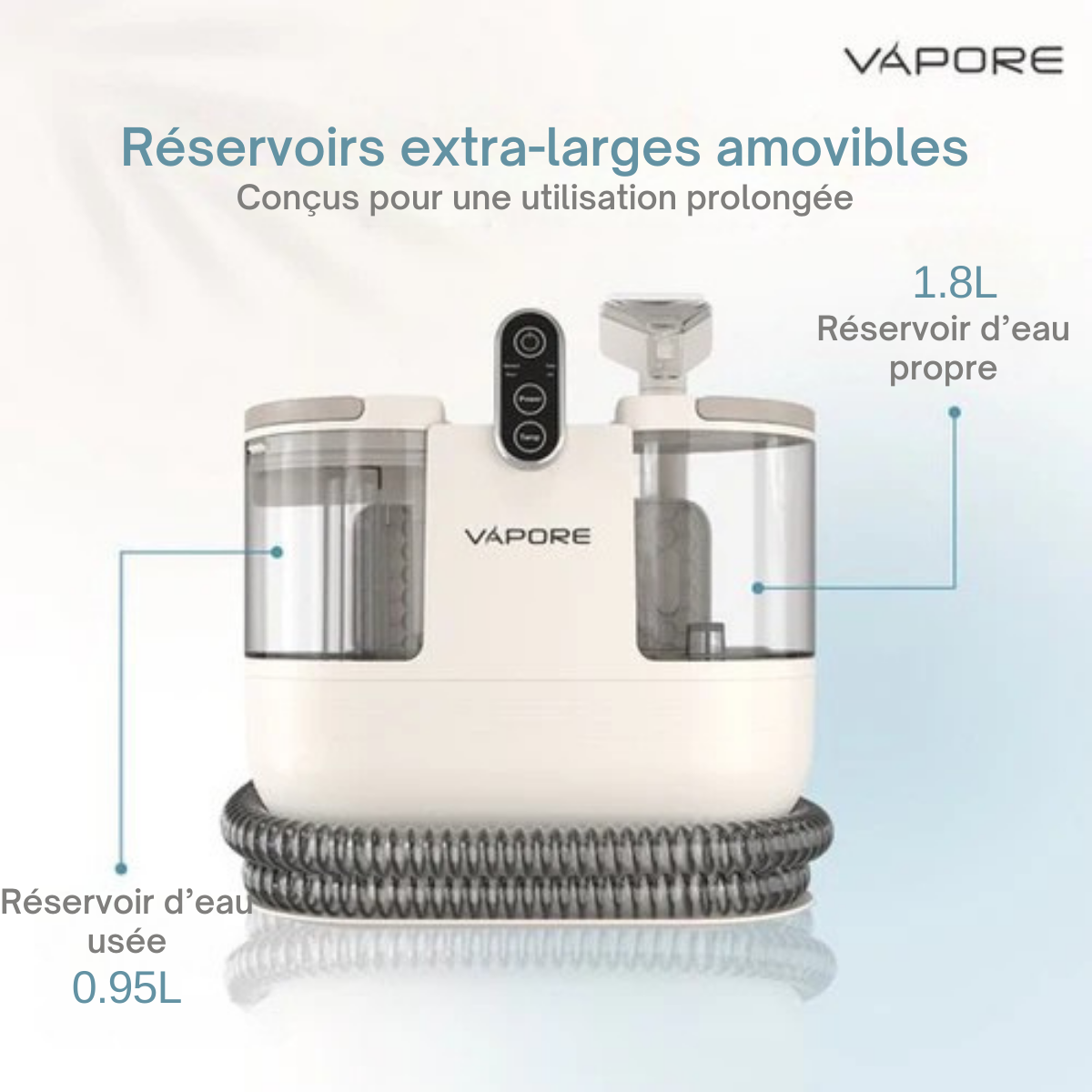 Nettoyeur de taches - Vapore – Nettoyeur de tapis, canapés et meubles - 1200W – Réservoirs amovibles – Blanc