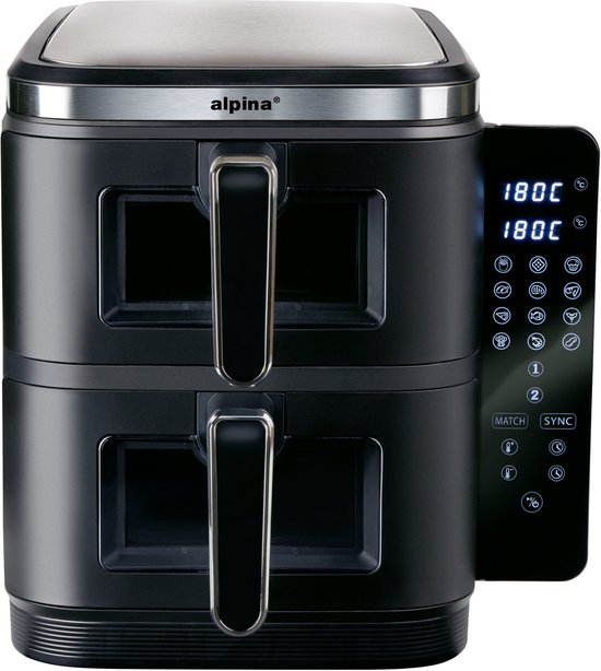 alpina Airfryer XXL - Double Friteuse 11L - Friteuse à air chaud 2 paniers - Doublement empilée pour 8 personnes - Ecran pliable - Fonction minuterie jusqu'à 60 minutes - Température 60-200°C - Noir