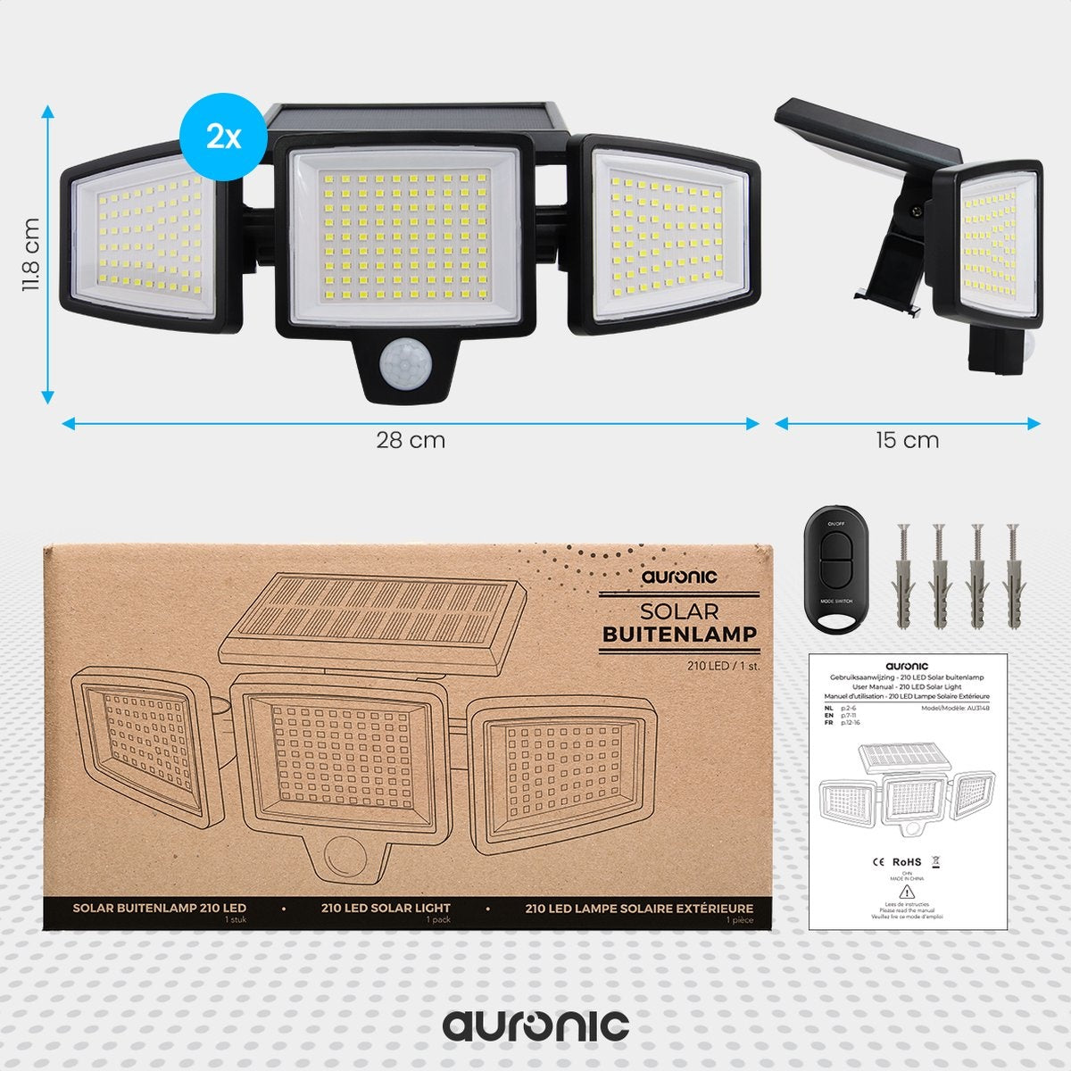 Auronic Lampe solaire d'extérieur avec détecteur de mouvement - Applique murale avec détecteur - Solaire - 210 LED - IP65 - 2 pièces - Noir