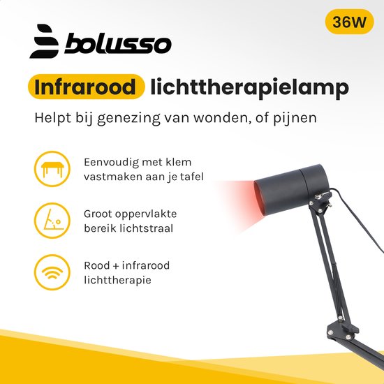 Bolusso Lampe infrarouge industrielle pour les douleurs musculaires et articulaires - Lampe de thérapie par la chaleur et la lumière - Thérapie infrarouge 36W