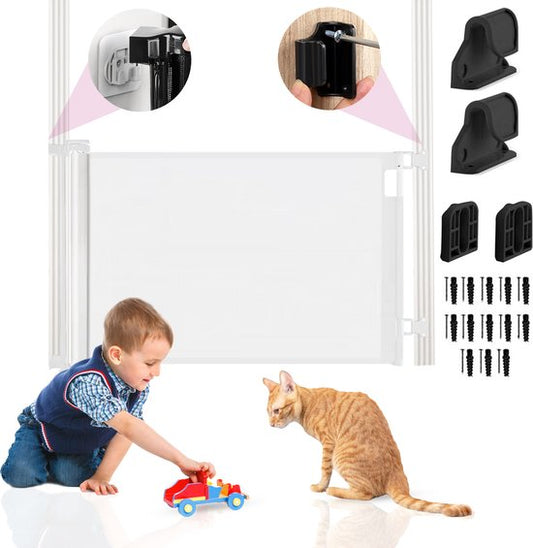 Barrière d'escalier enroulable avec fonction autocollante - Barrière de sécurité - Réglable - Barrière pour chien - Barrière d'escalier sans perçage - Barrière pour enfant - Pour animaux et enfants - 10 à 150 cm de large - Blanc - Sweet Sprout