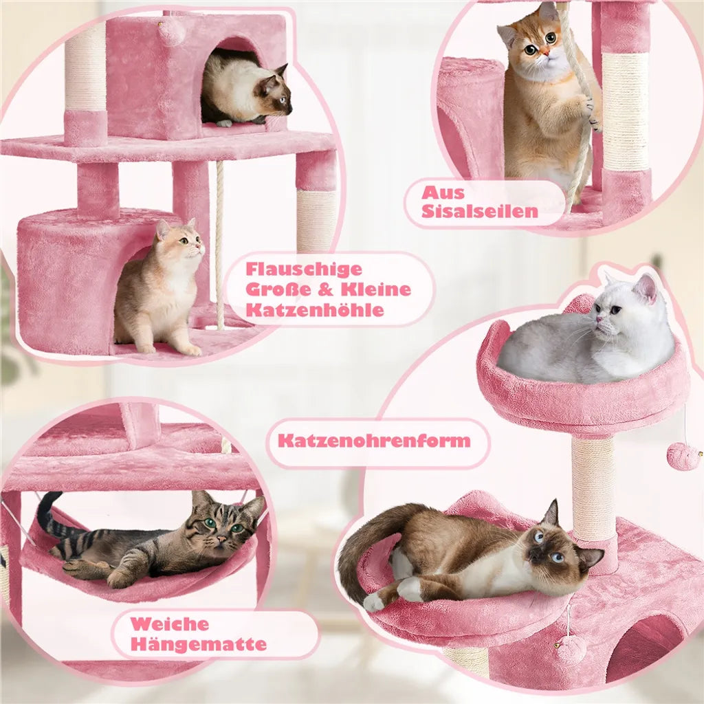 Arbre à chat Yaheetech 158 cm - Rose - Arbre à chat avec 2 grottes, un hamac et des poteaux en sisal