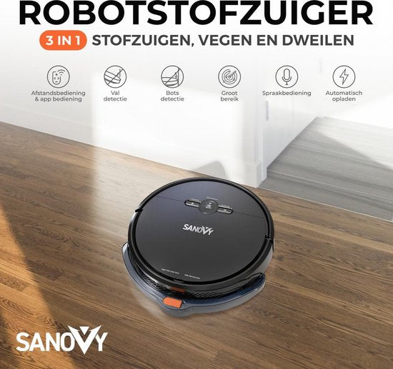 Robot aspirateur 3 en 1 - Sanovy - 1800 PA - Station de charge automatique - Robot balayeur - Contrôle via application ou télécommande