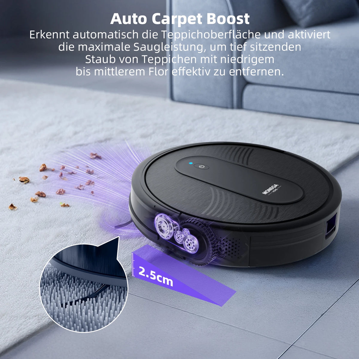 monsga « Robot aspirateur MONSGA MR1, aspirateur robot à puissante aspiration de 3 000 Pa, ultra-fin de 3,2 pouces, 140 min d'autonomie, robot aspirateur pour sols durs/moquettes à poils courts/poils d'animaux, commande par télécommande/application/voix,