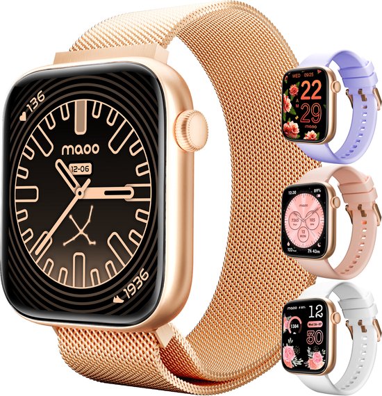 Maoo ProWatch AMOLED Smartwatch Femme et Homme - Bracelet milanais et 3 bracelets en silicone - Podomètre - Moniteur de fréquence cardiaque - Moniteur de pression artérielle - Moniteur de sommeil - Multisport - Convient à Android et iOS - Or rose