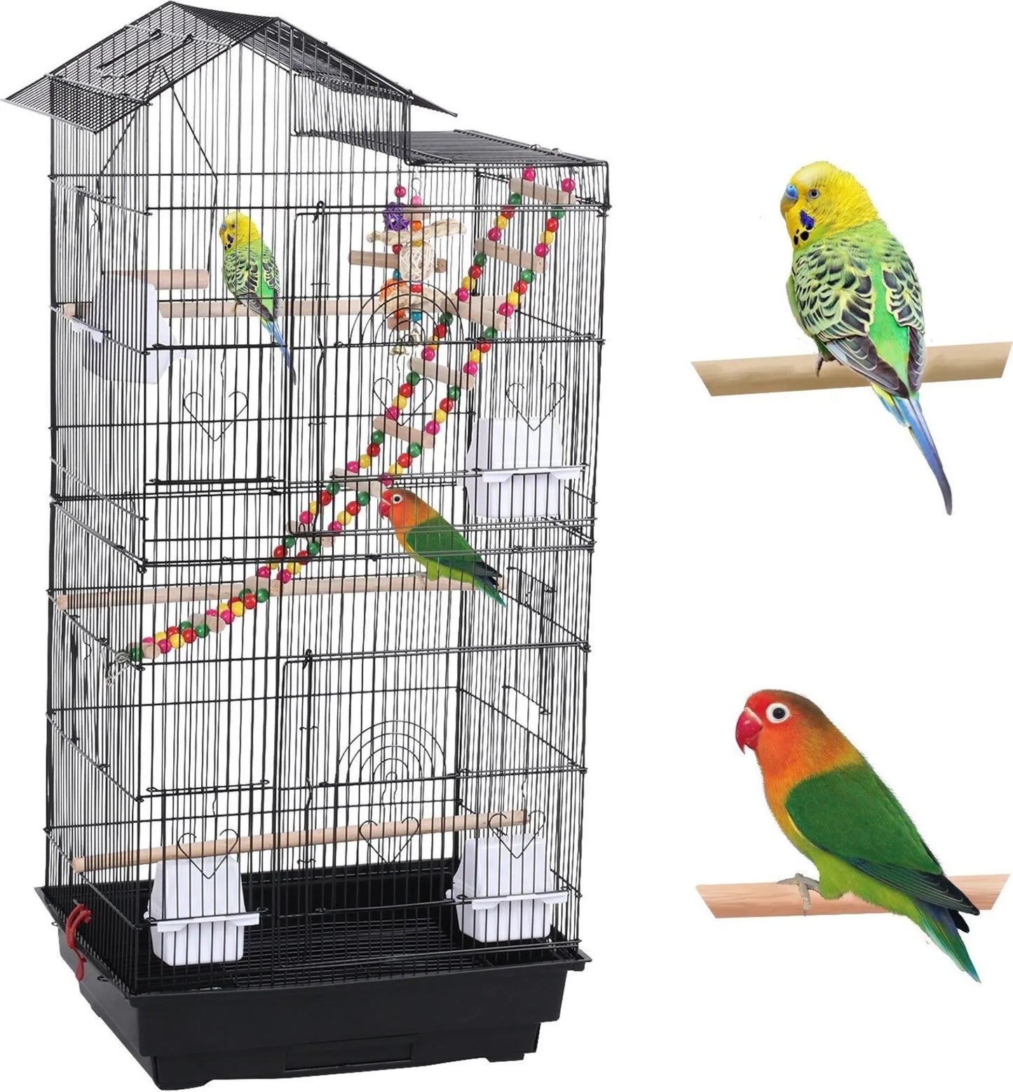 Yaheetech Cage à oiseaux avec aire de jeu - 46 x 35,5 x 99 cm - avec plaque de fond amovible et fermetures en fil de fer et ensemble complet d'accessoires - pour perruches et canaris - métal noir et bois