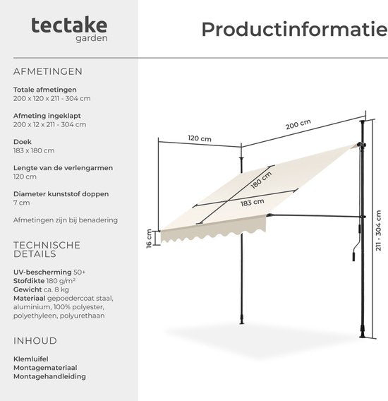 tectake® Auvent à fixation par pinces avec manivelle - Auvent de balcon sans perçage - Réglable en hauteur - Résistant aux UV - Hydrofuge - Auvent de terrasse - Protection solaire pour terrasse et balcon - Largeur 200 cm - Beige