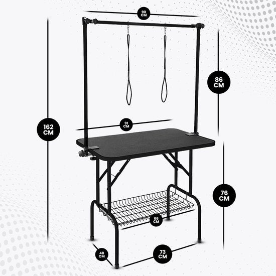 Animali Grooming Table - Table de toilettage pour chiens/chats - Table de toilettage pour chiens - Pliable - Option laisse - Panier de rangement - Capacité de charge 80KG - Noir