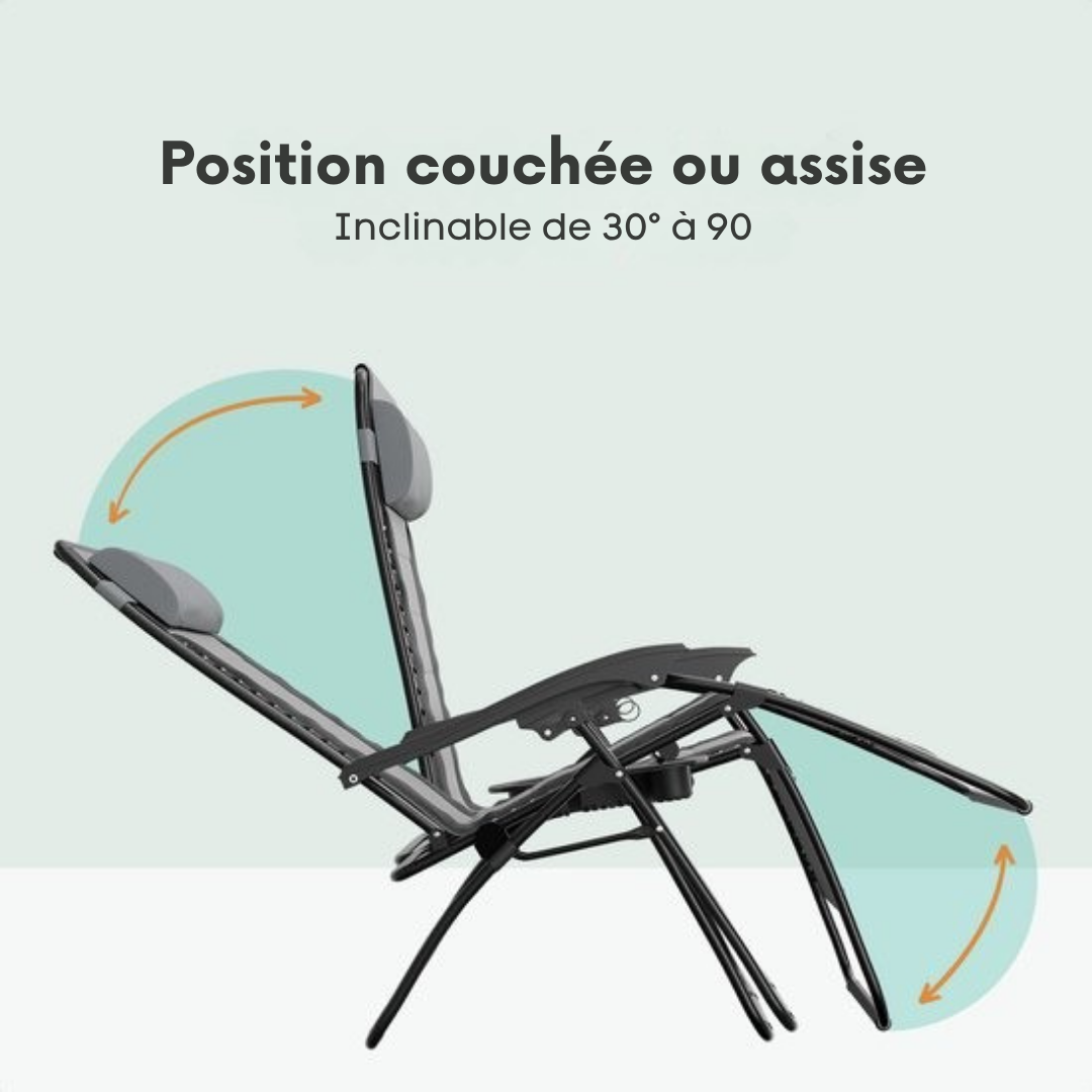Chaise longue LifeGoods - Pliable - Inclinable de 30° à 90° - Charge max 150kg - Noir/gris